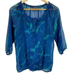 Express Women's Top Size Medium Blouse Sheer 3/4 Sleeve Blue Green Fringe